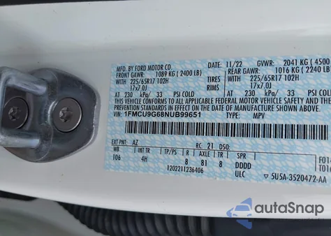 2022 Ford Escape Se z USA, uszkodzony, nr VIN 1FMCU9G68NUB99651